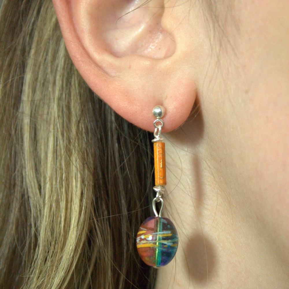 Handmade dangle earrings with hand painted glass beads & Sterling silver post